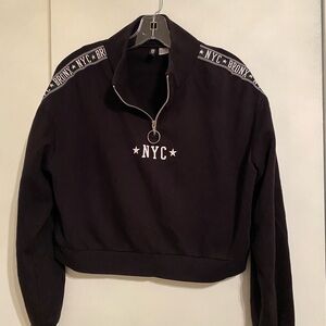 Divided Black NYC Women's Pullover 3/4 Zipped Jacket Lettering on Sleeves, Sz M